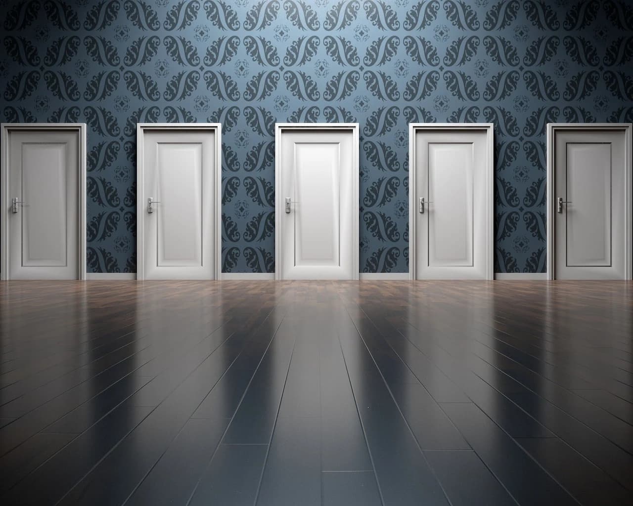A row of identical white doors against a dark patterned wall, with a polished wood floor reflecting them