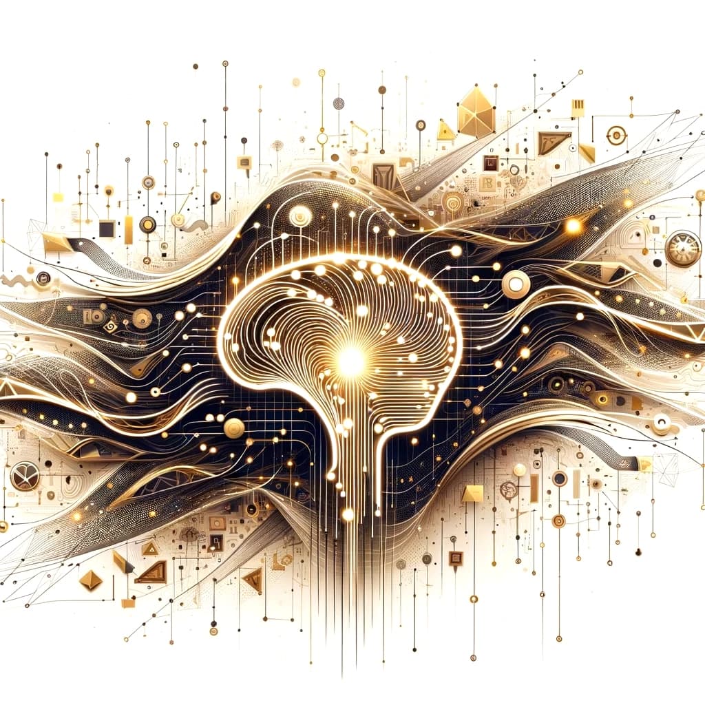 Abstract illustration of a glowing brain woven into a gold circuit pattern