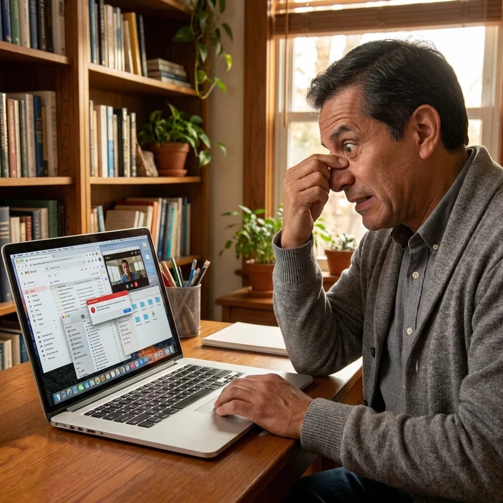 A man in his private practice office pinching the bridge of his nose, eyes locked on his laptop screen showing a chaotic mess of open windows, exasperated by the software