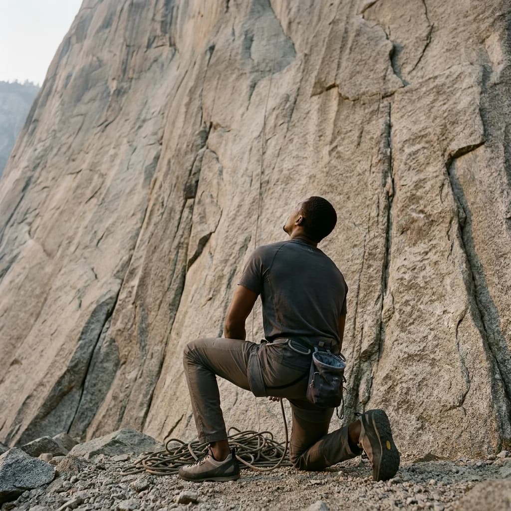 A climber kneeling at the base of a tall outdoor rock face, looking up at the route