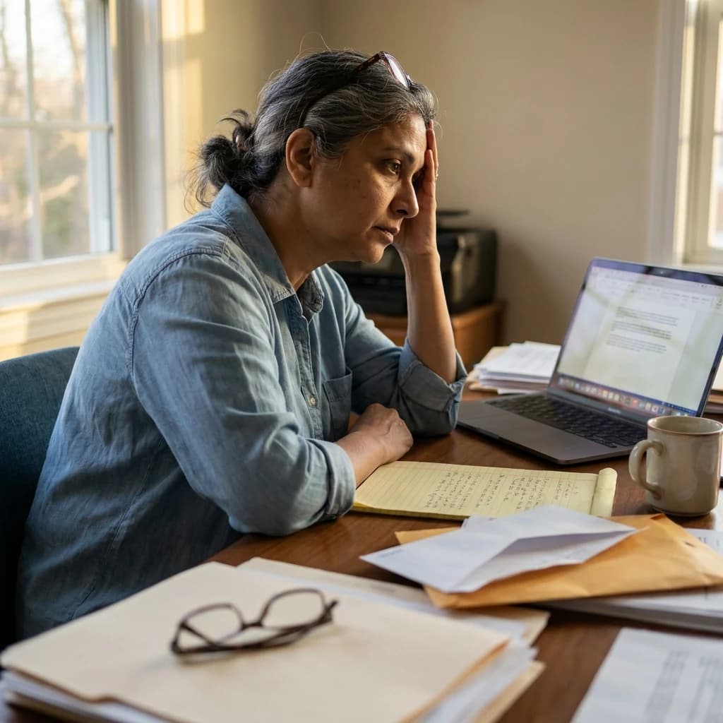 A woman at her desk surrounded by papers, hand pressed to her temple, wiped out from a complicated problem