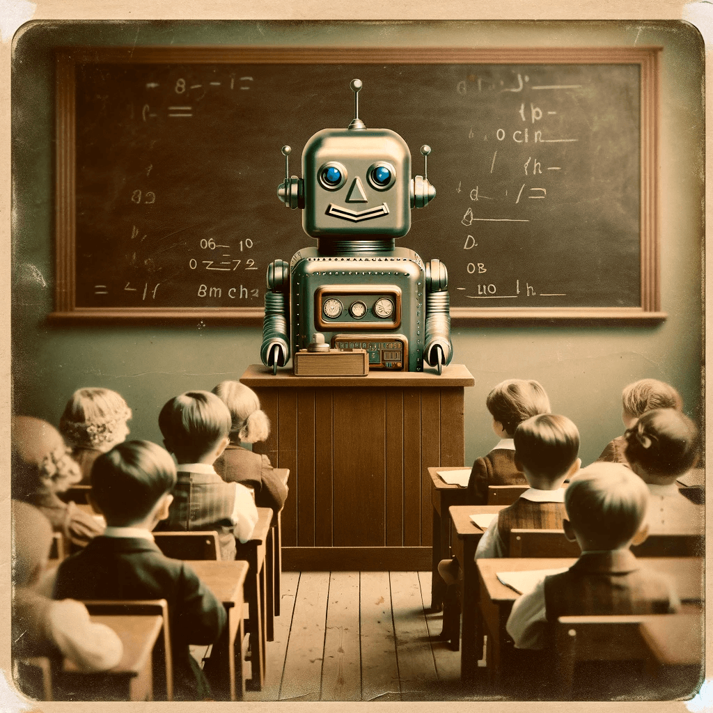 A vintage-style image featuring a smaller, friendlier-looking robot teacher seated behind a desk at the front of a classroom