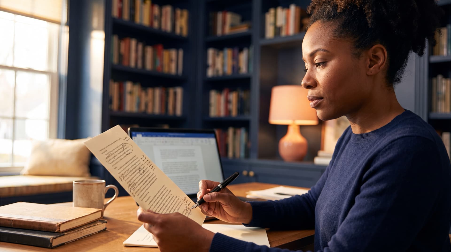 A Black woman in a navy sweater sits at a warm-lit wooden desk in a home library, marking up a printed manuscript page by hand with a fountain pen beside an open laptop.