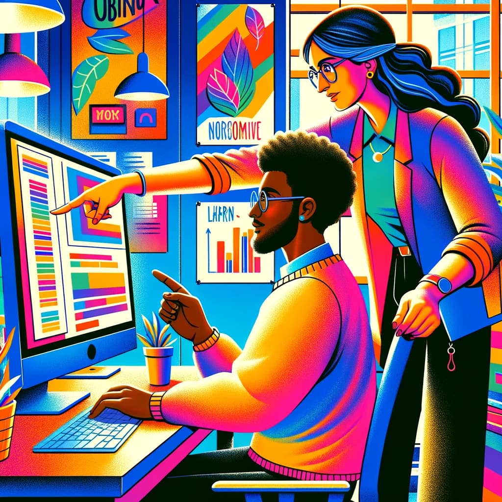 A manager and employee, bright rainbow colors