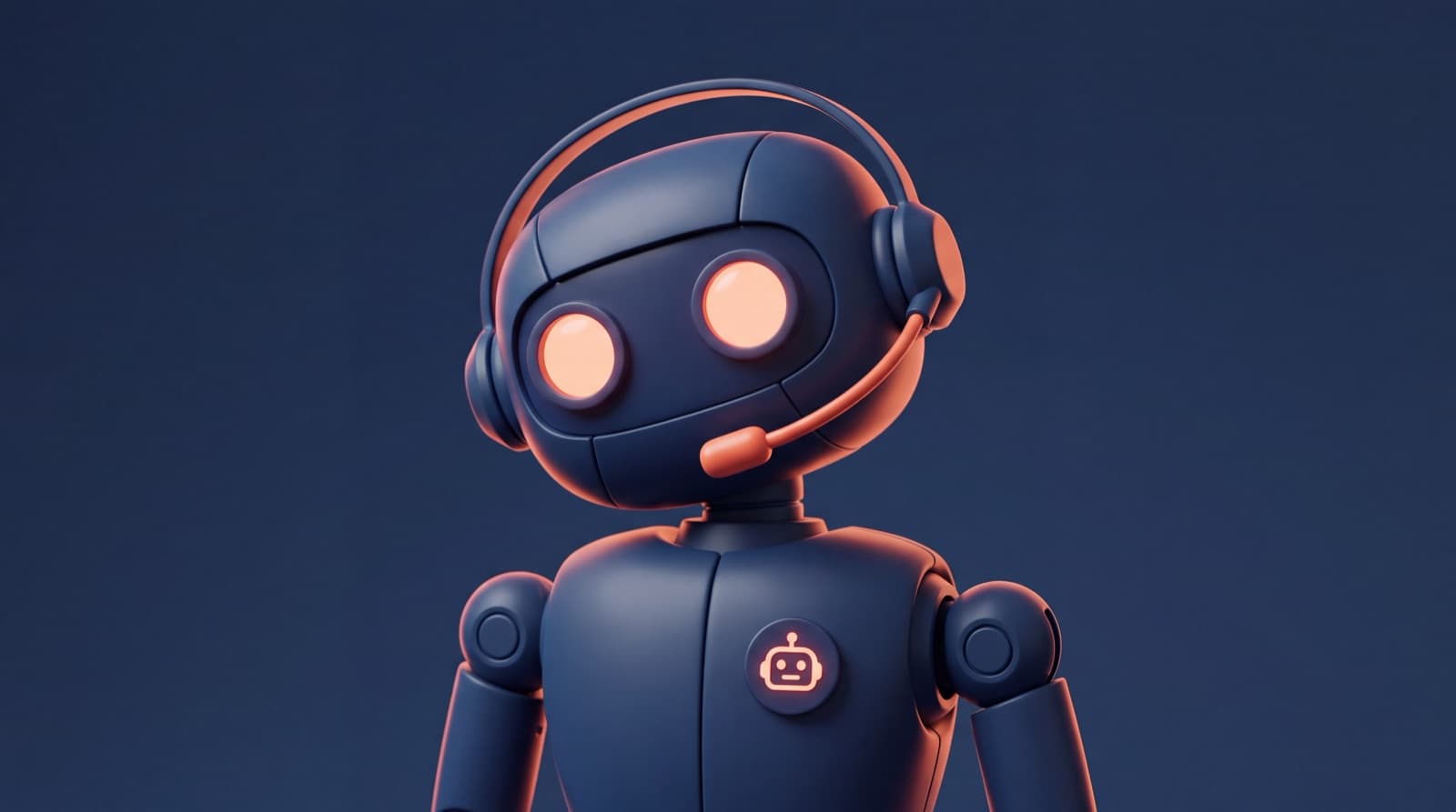 A stylized navy-blue robot wearing a telephone headset, with glowing coral eyes and a small round coral badge on its chest showing a robot-head icon.