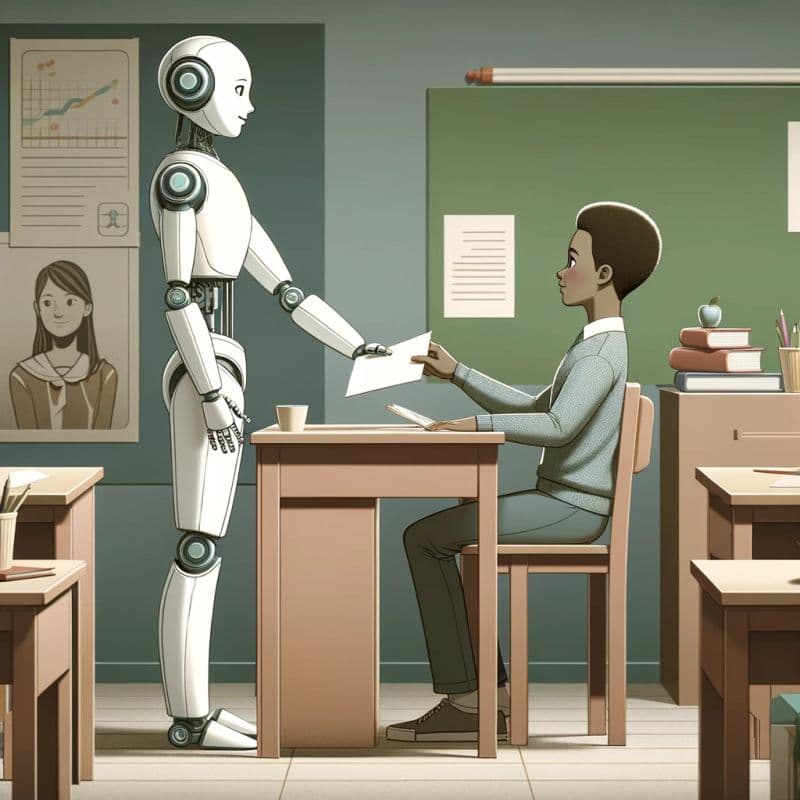 A robot student handing in a paper assignment to their teacher
