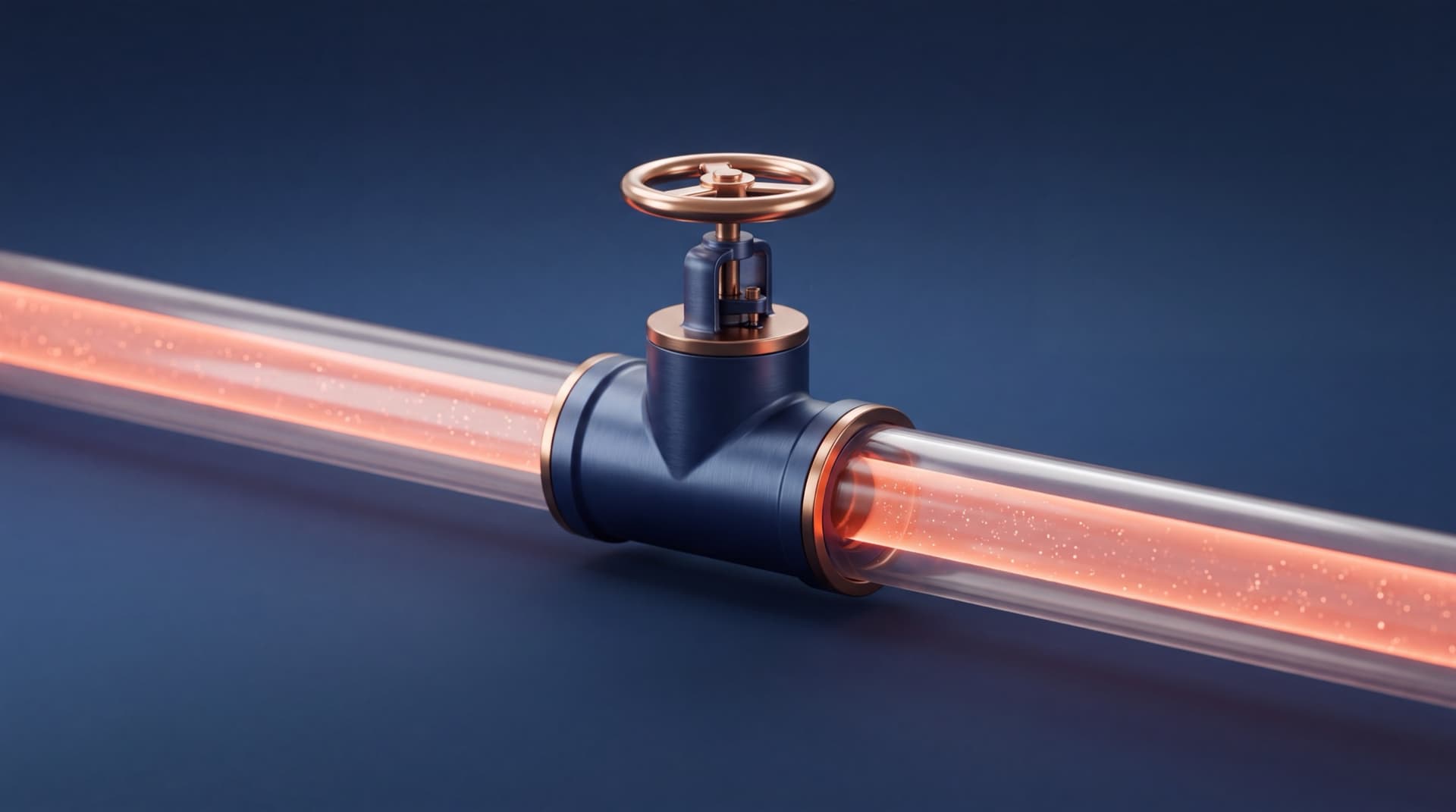 A navy industrial valve with a copper handwheel on a pipe, regulating a stream of glowing warm-coral light, a metaphor for controlling how much of your information flows to AI.
