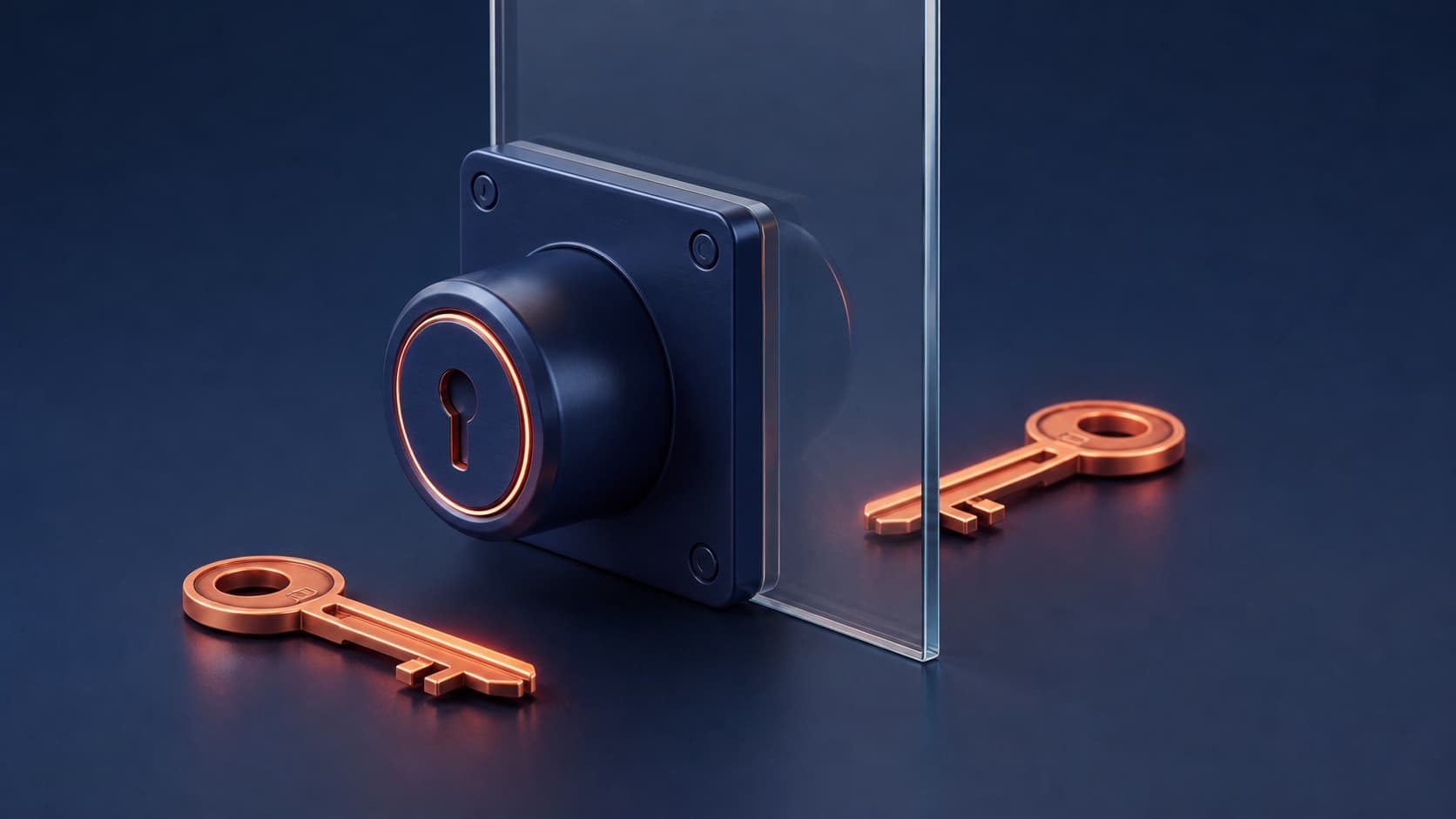 A stylized navy lock in front of a glass divider with two glowing coral keys, one visible on each side, suggesting an unauthorized duplicate key to a secured account.