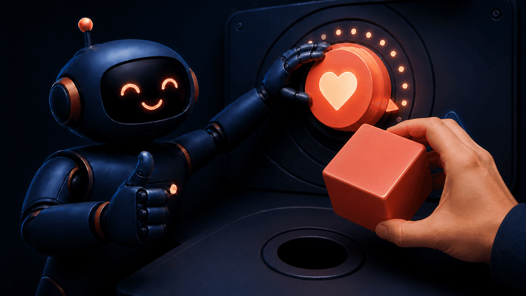 A friendly blue robot turns a glowing heart-shaped warmth dial to maximum while encouraging a human hand to push an oversized square peg toward a smaller round hole.