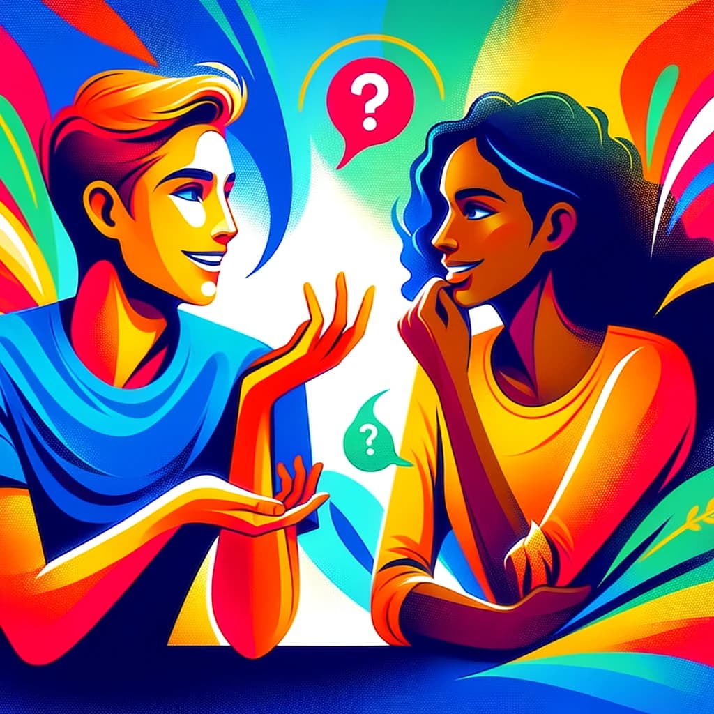 A vibrant, colorful illustration of a person asking a question to another person in a lively discussion.