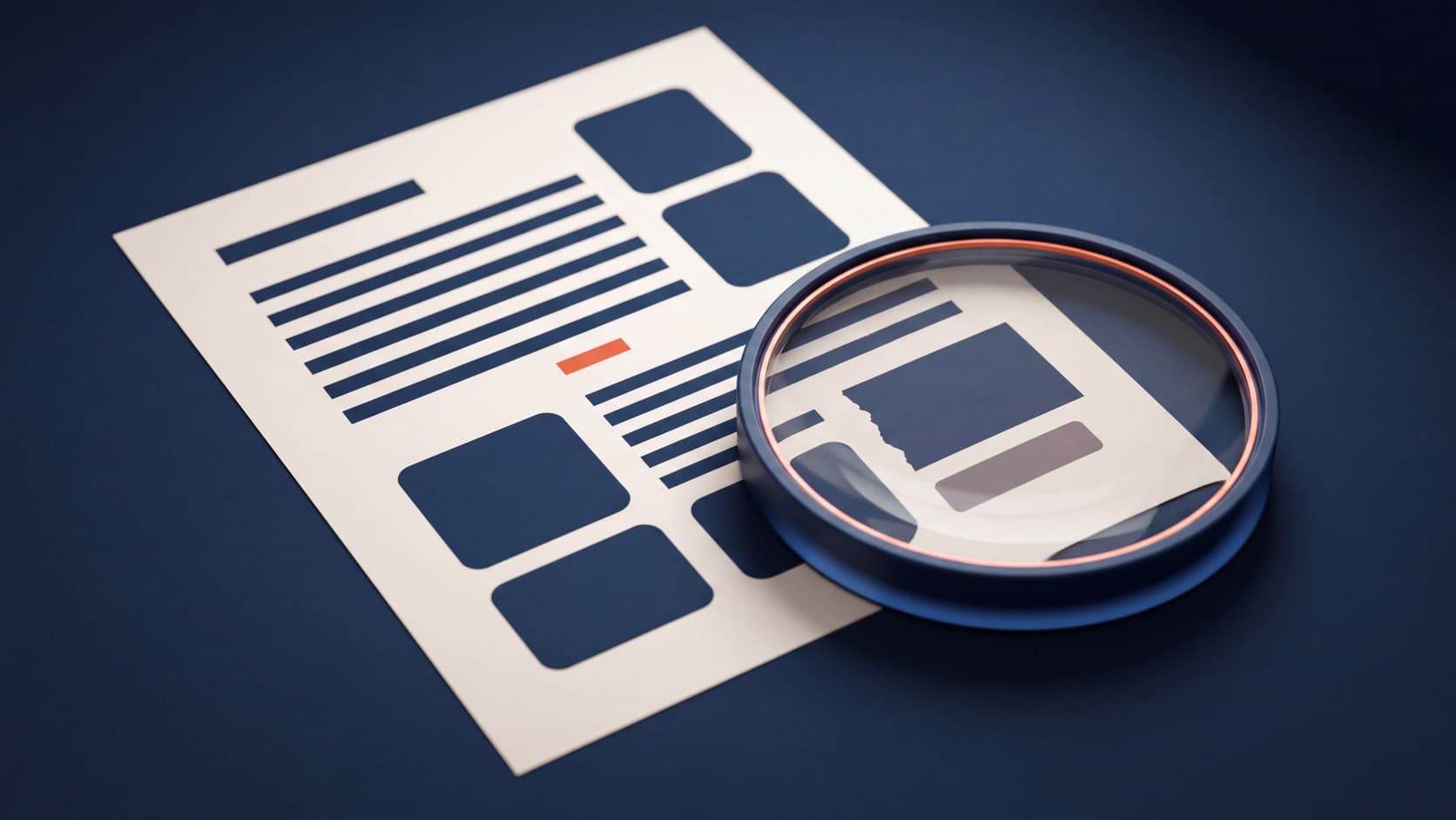 A cream flyer of navy text lines and image blocks looks crisp and evenly aligned — but under the magnifying glass sitting on it, the same lines go ragged and out of alignment and one block's edge is torn into a jagged fringe.