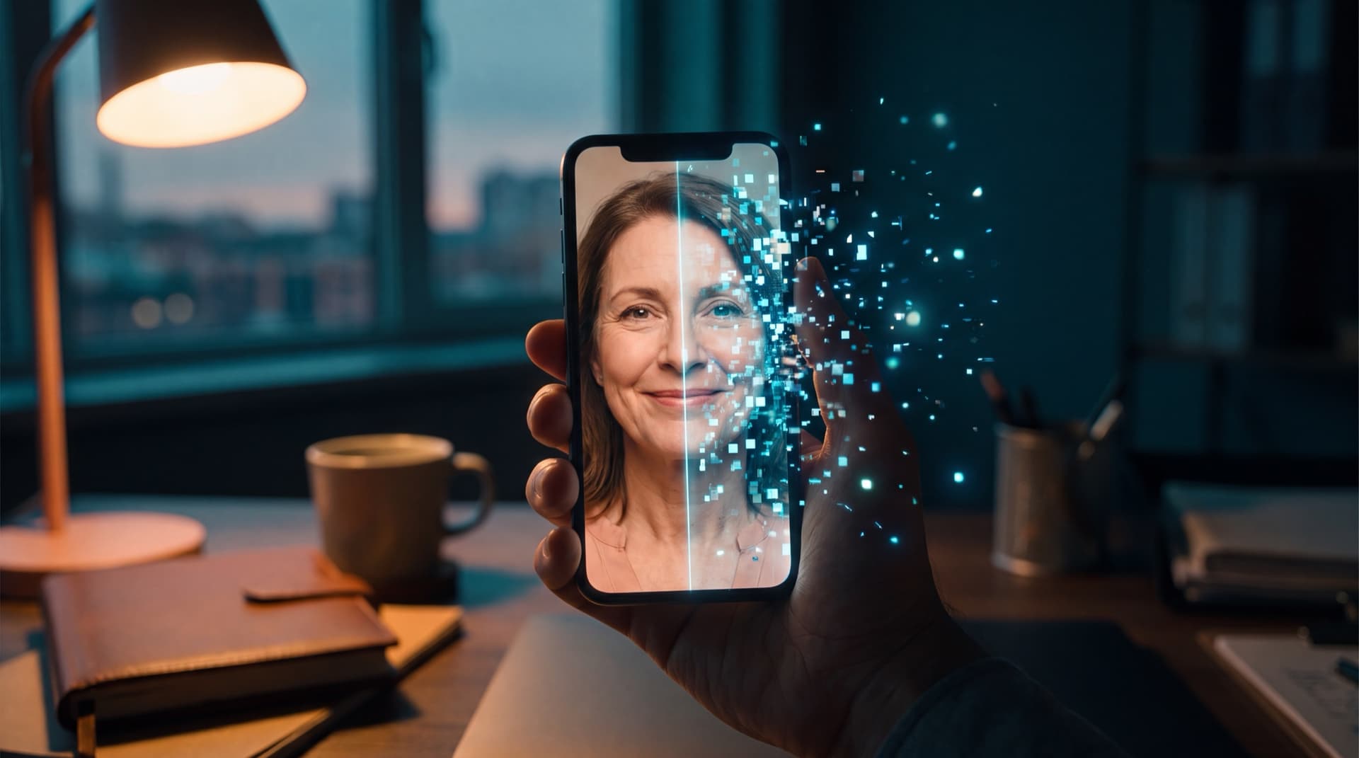 A hand holds up a smartphone in a dim office at dusk. On the screen, a smiling middle-aged woman's face is lifelike on the left but breaks into a scatter of glowing blue pixel squares on the right, some drifting off the screen.