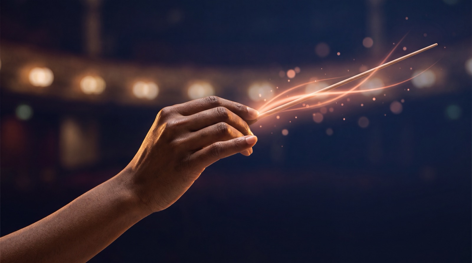 A hand holds a slender conductor's baton, a ribbon of warm light and sparks trailing from its tip against the blurred lights of a darkened concert hall.