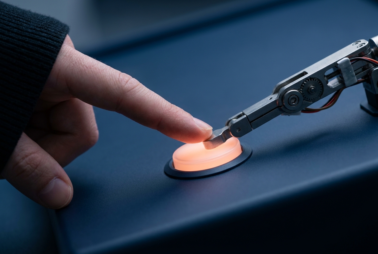 A human finger and a robotic arm reaching for the same glowing confirm button