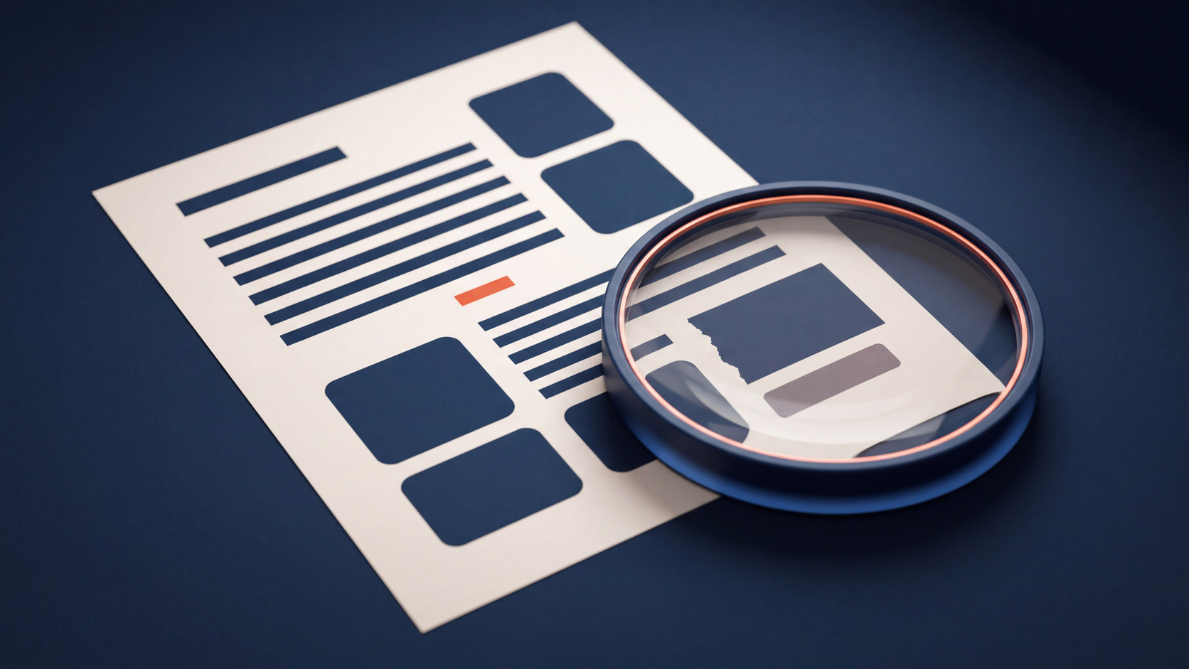 A cream flyer of navy text lines and image blocks looks crisp and evenly aligned — but under the magnifying glass sitting on it, the same lines go ragged and out of alignment and one block's edge is torn into a jagged fringe.