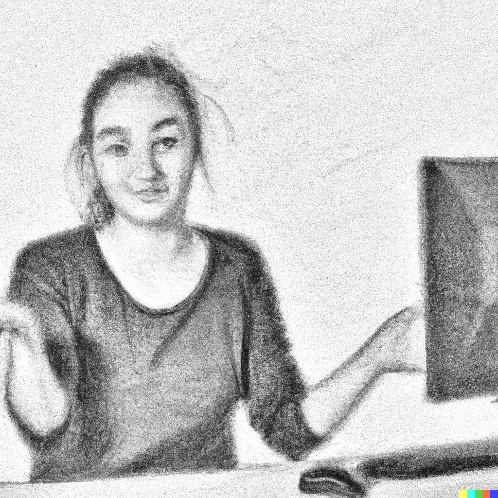 A charcoal sketch of a girl shrugging and smiling, looking at the camera, sitting in front of a computer