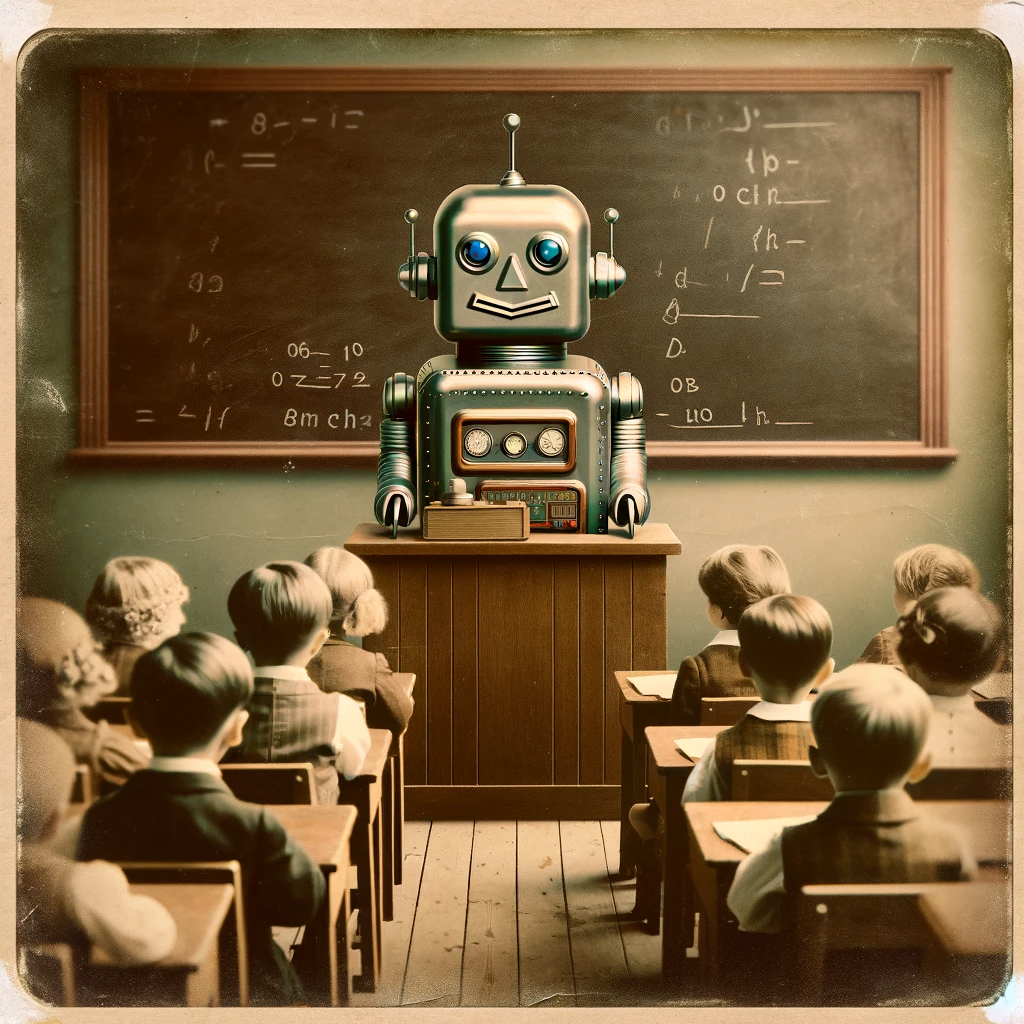A vintage-style image featuring a smaller, friendlier-looking robot teacher seated behind a desk at the front of a classroom