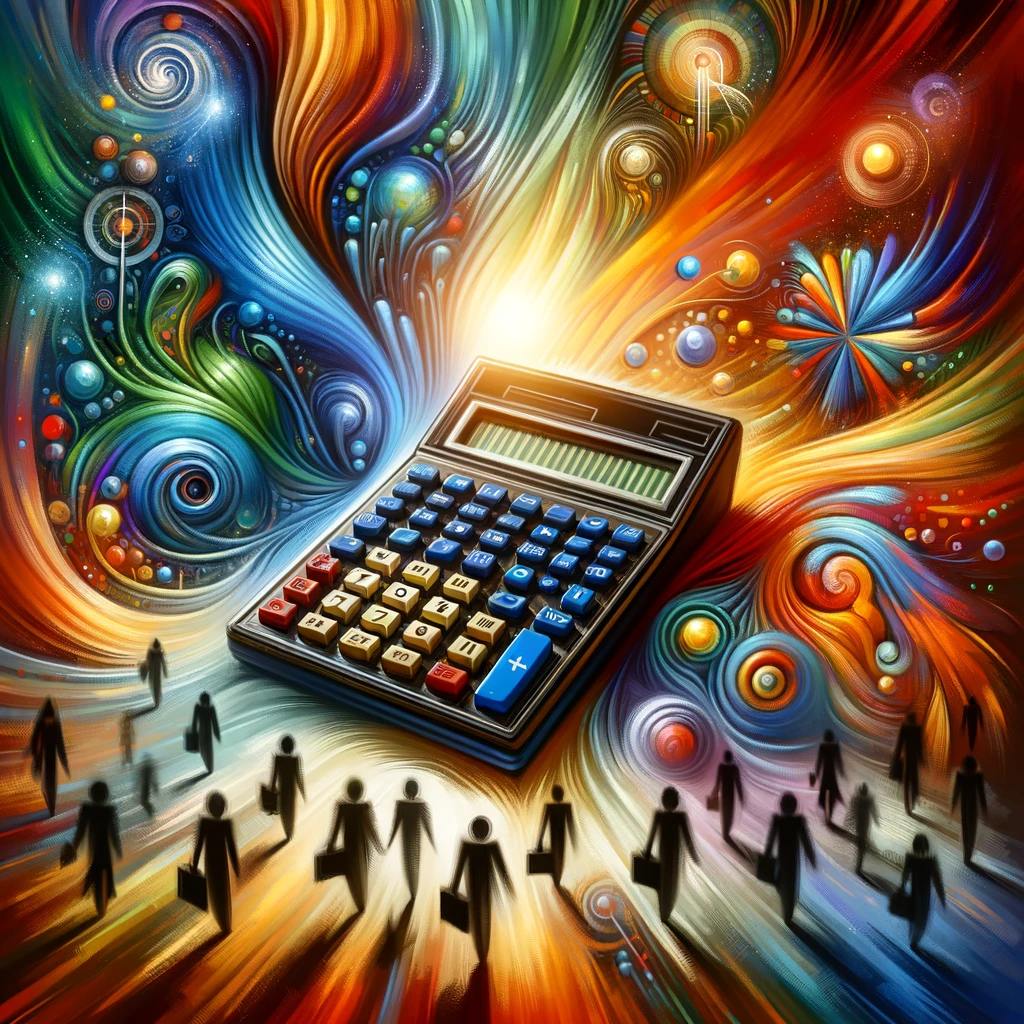 An abstract illustration centered around a vintage digital calculator, symbolizing the transformation in education from traditional methods to modern ones